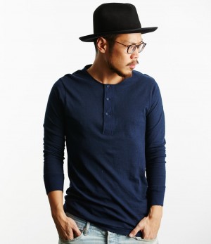 Men Merz B. Schwanen 102 loopwheeled henley T Shirts Blue | MERZ4723059