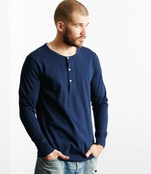 Men Merz B. Schwanen 206 loopwheeled henley T Shirts Blue | MERZ8021537