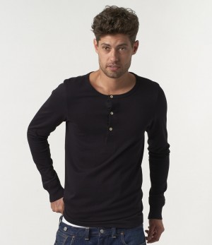 Men Merz B. Schwanen 206 loopwheeled henley T Shirts Black | MERZ2450138
