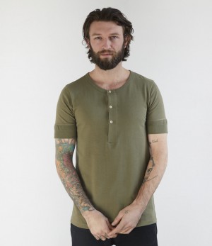Men Merz B. Schwanen 207 loopwheeled henley T Shirts Dark Green | MERZ3485176