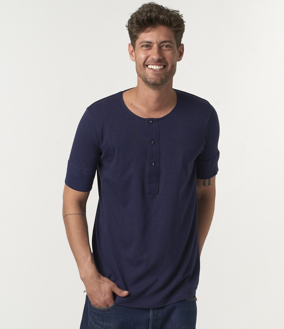 Men Merz B. Schwanen 103 loopwheeled henley T Shirts Blue | MERZ1827359