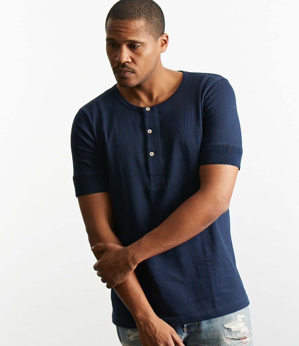 Men Merz B. Schwanen 207 loopwheeled henley T Shirts Blue | MERZ5429307