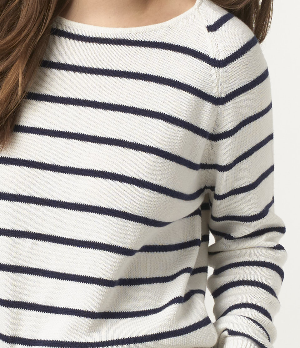 Women Merz B. Schwanen WCCS21 crew neck Pullover Beige / Deep Blue | MERZ0296845