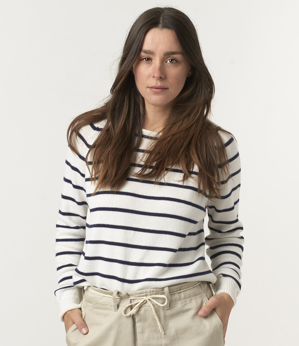 Women Merz B. Schwanen WCCS21 crew neck Pullover Beige / Deep Blue | MERZ0296845