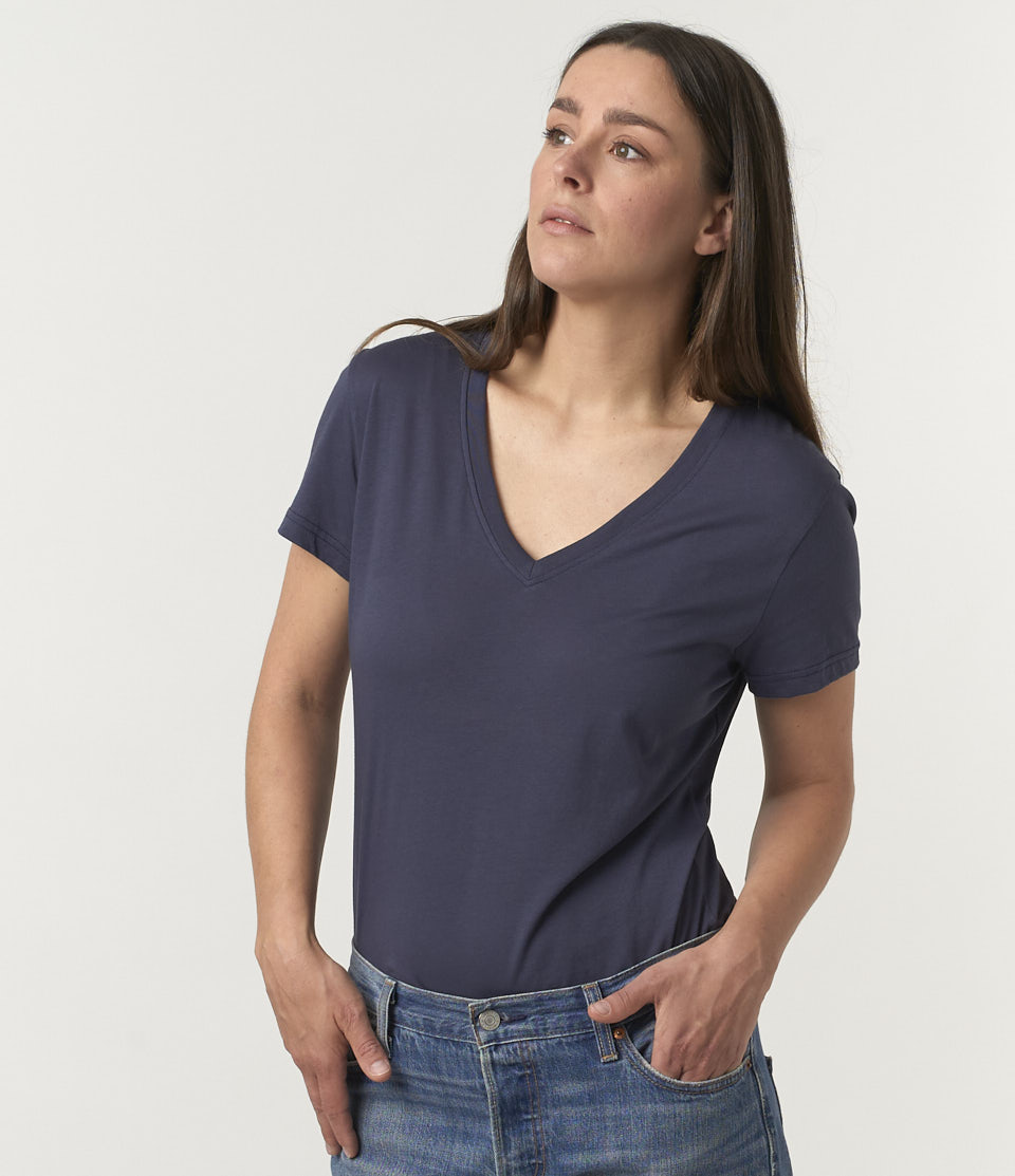 Women Merz B. Schwanen WVT01 V-neck T Shirts Blue | MERZ4703162